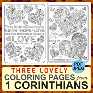 Three Bible Coloring Pages from 1 Corinthians – Printable Scripture Line Art: Flower & Heart Doodles, Faith Hope Love Zentangle Patterns