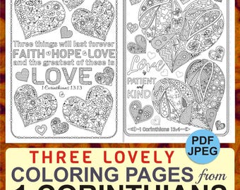 Bible Verse Coloring Pages: 1 Corinthians, Faith Hope Love (PDF/JPEG)