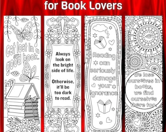 4 Coloring Bookmarks, Motivational Reading Quotes, Fun Zen Art Doodles for Kids Teens, School Library Literacy Month Activity Sheet, PDF