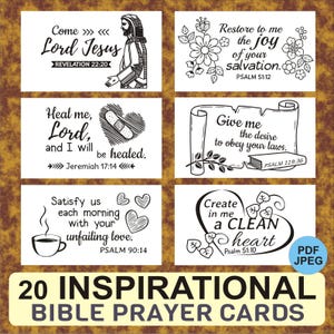 20 Scripture Prayer Cards for Bible Study and Devotion–Printable Bible Verse Arts Exodus 33, Jeremiah 17, Luke 23, Psalm 90 & 51, Matthew 8