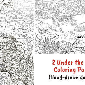 Two Under-the-Sea Coloring Pages Hand Drawn Doodles Boy swimming Whale, Shark, Stingray, Fishes, Turtle & Corals Digital downloads image 6