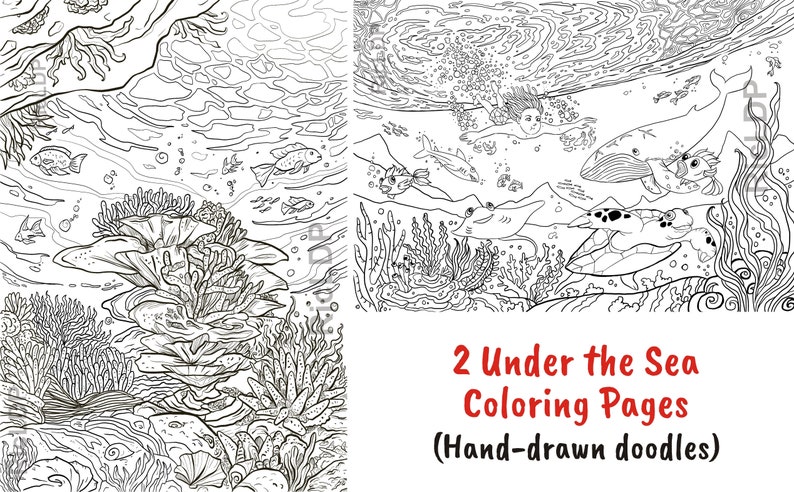 Two Under-the-Sea Coloring Pages Hand Drawn Doodles Boy swimming Whale, Shark, Stingray, Fishes, Turtle & Corals Digital downloads image 6