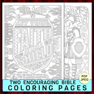 Two Encouraging Pages from Ephesians 6 for Meditative Coloring & Inspiration – Printable Scripture Artwork: Shield of Faith, Armor of God
