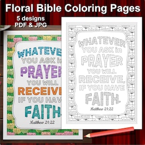 5 Bible Verse Coloring Pages, Floral Border Scripture Art, Adult Faith Mindfulness Prayer Journal Insert, Teen Botanical Relaxation PDF