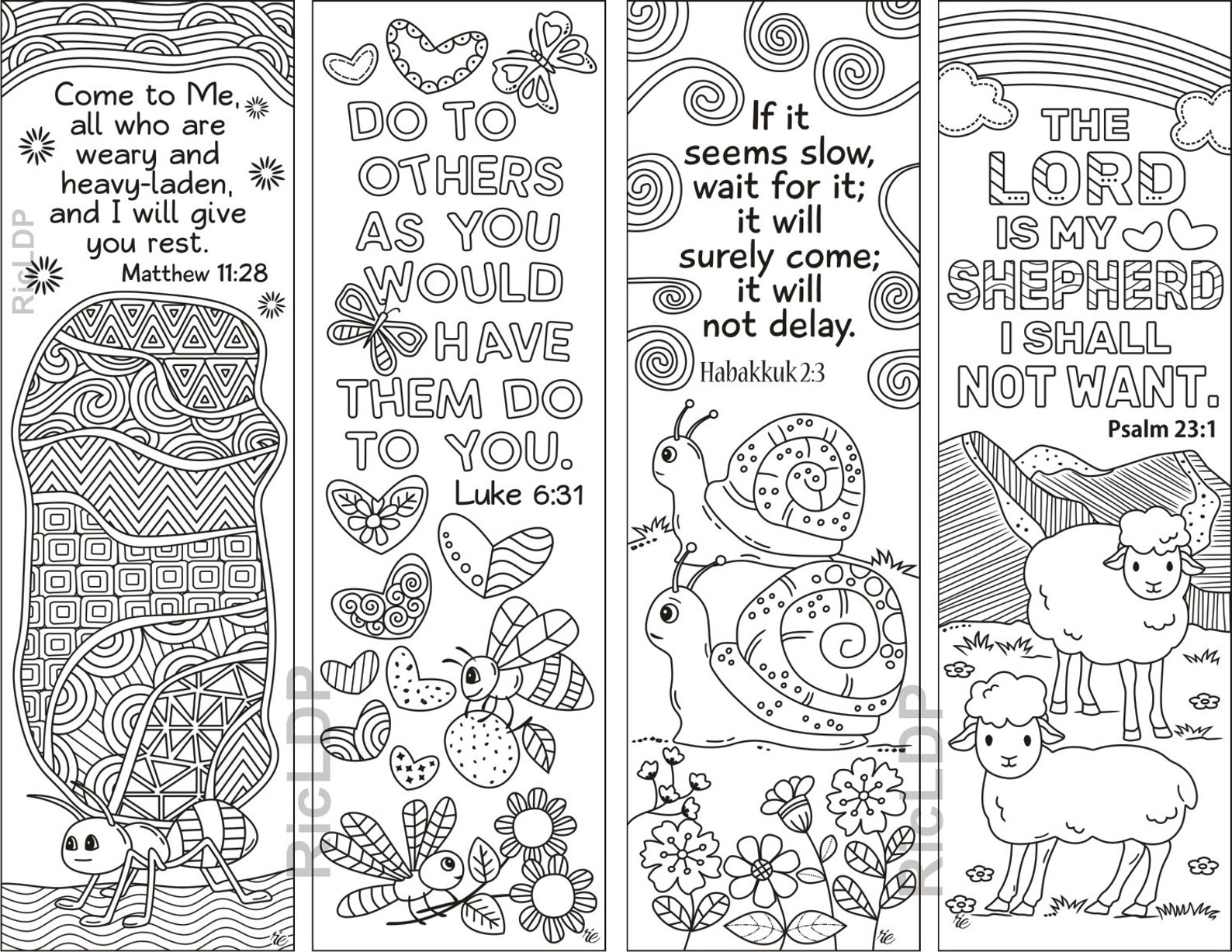 Set of 8 Bible Coloring Bookmarks With Animals, Insects and Stars