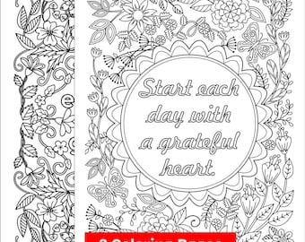 2 Coloring Pages with the message 'Start Each Day with a Grateful Heart'; Printable coloring pages for Grown-ups