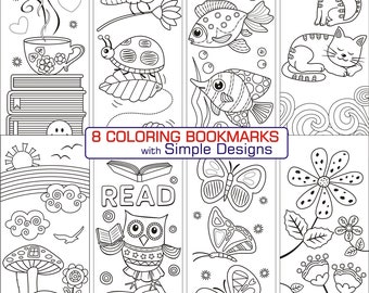 Simple Bookmarks - Coloring - Books Drawing - Mushroom Doodle - Fish - Cat - Butterfly - Dragonfly - Reading Owl -  Digital Download