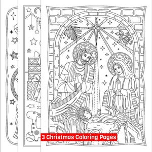 3 Christmas Coloring Pages - Yuletide Gifts, Toys, Lantern Drawings - Nativity Scene - Holy Family - Digital Download