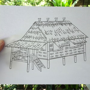 May include: A black and white line drawing of a traditional thatched roof house with a porch and stairs. The house is built on stilts and has a simple design.