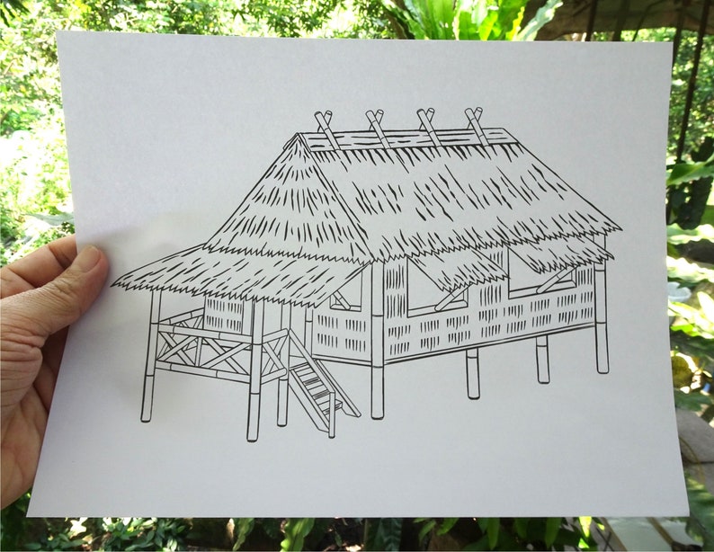 May include: A black and white line drawing of a traditional thatched roof house with a porch and stairs. The house is built on stilts and has a simple design.