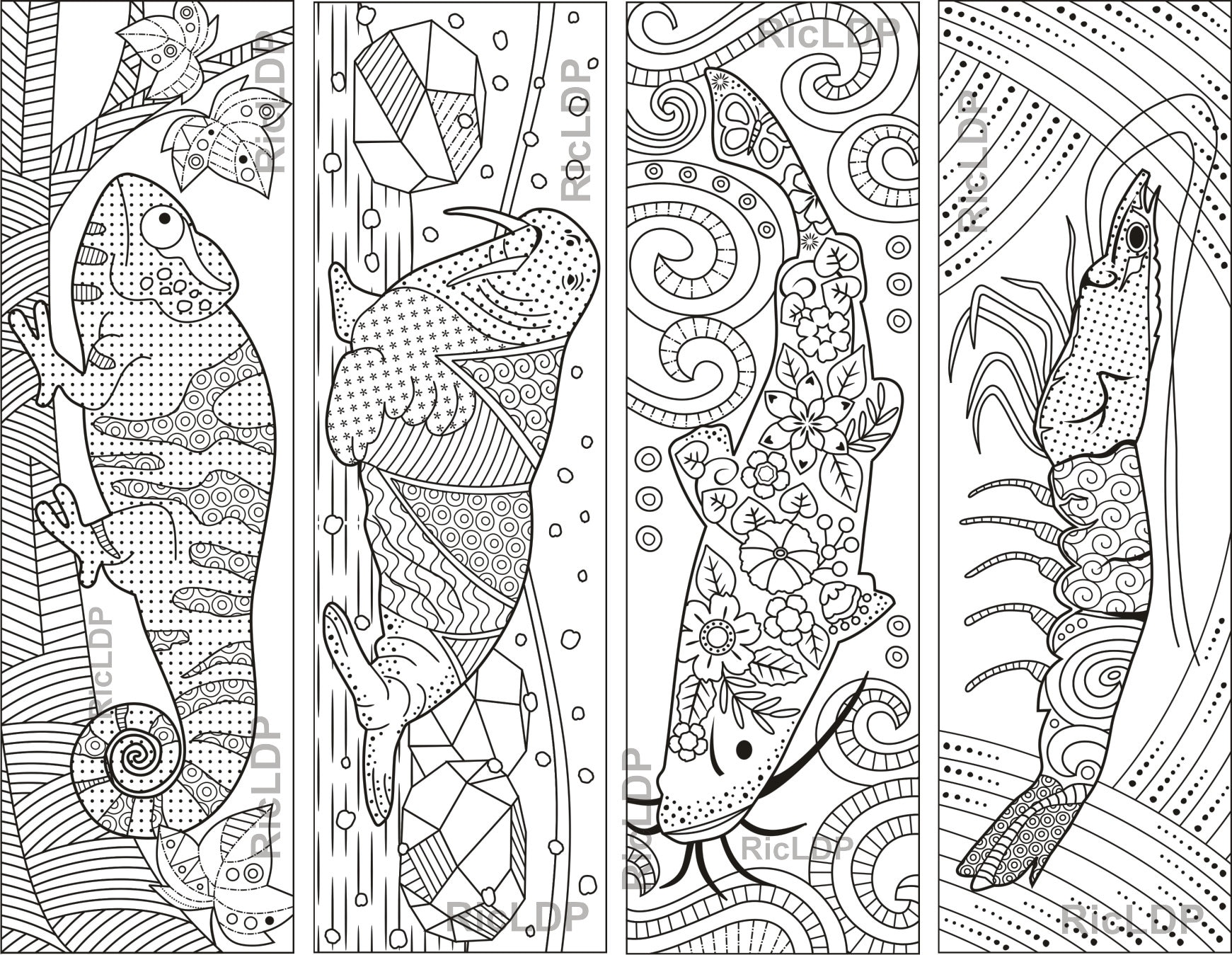 Cute Animal Coloring Bookmarks Chameleon, Walrus, Catfish, Shrimp ...