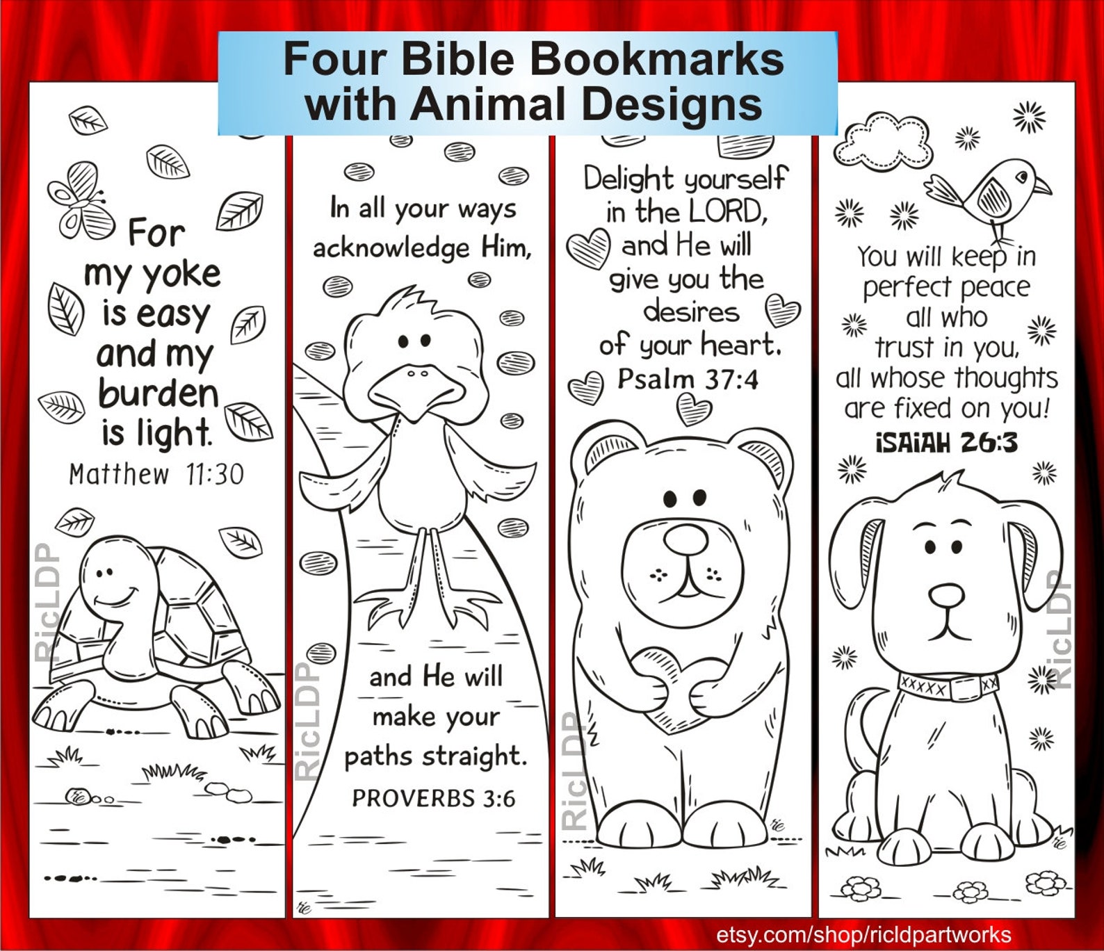 Four Bible Coloring Bookmarks With Animals Scripture Arts Matthew 11 30
