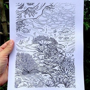 Two Under-the-Sea Coloring Pages Hand Drawn Doodles Boy swimming Whale, Shark, Stingray, Fishes, Turtle & Corals Digital downloads image 5