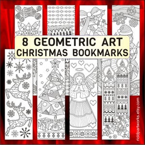 8 Geometric Christmas Coloring Bookmarks, Xmas Designs, School Math Geometry Mosaic Craft Template, Creative Tessellation Activity Page