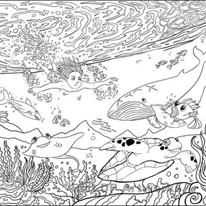 Two Under-the-Sea Coloring Pages Hand Drawn Doodles Boy swimming Whale, Shark, Stingray, Fishes, Turtle & Corals Digital downloads image 8