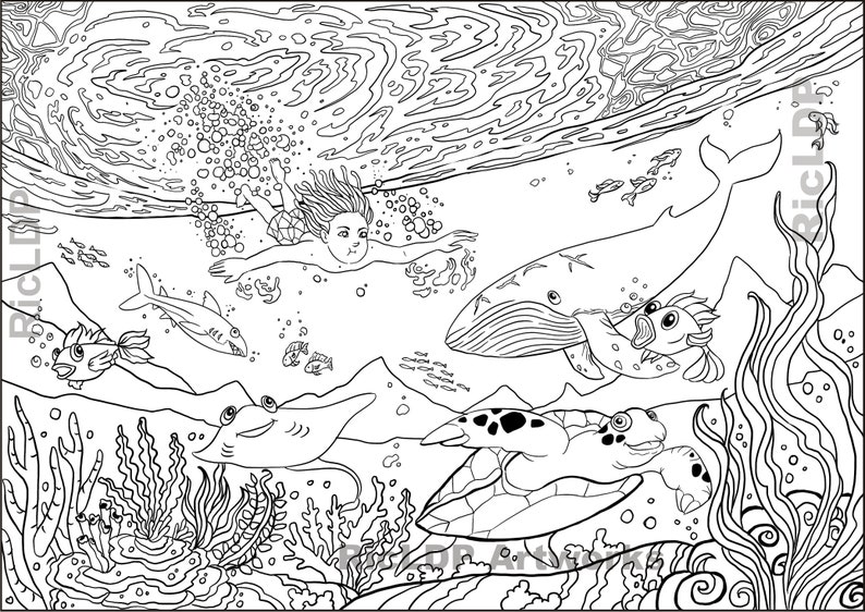 Two Under-the-Sea Coloring Pages Hand Drawn Doodles Boy swimming Whale, Shark, Stingray, Fishes, Turtle & Corals Digital downloads image 8