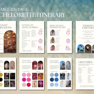 May include: Printable bachelorette party itinerary checklist with sections for restaurant reservations, packing list, what to pack, weekend expenses, outfit inspiration, and groceries. The checklist is decorated with pink and blue accents.
