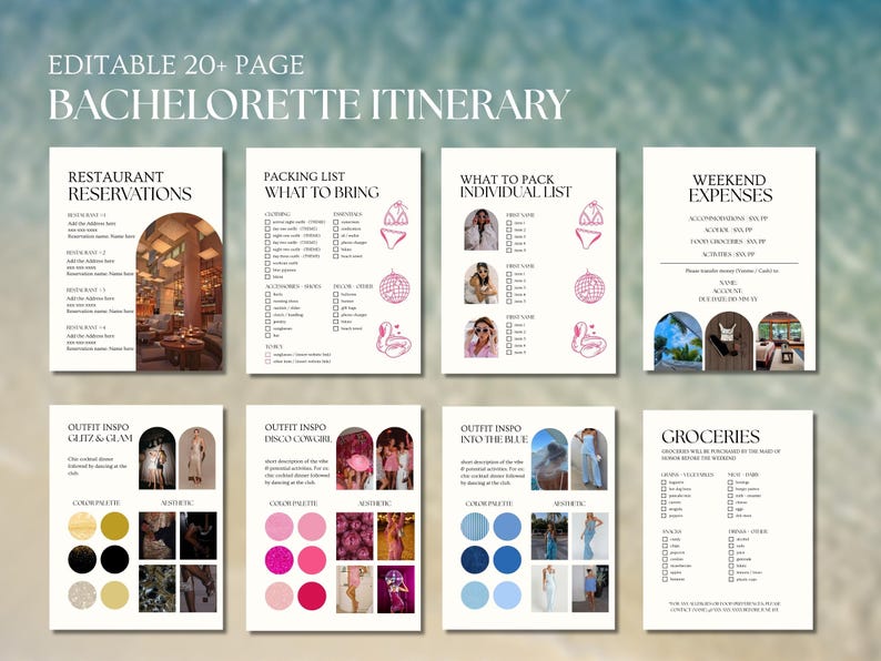 May include: Printable bachelorette party itinerary checklist with sections for restaurant reservations, packing list, what to pack, weekend expenses, outfit inspiration, and groceries. The checklist is decorated with pink and blue accents.