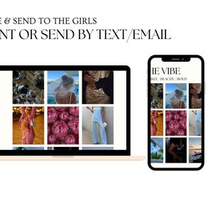 May include: A laptop and a smartphone screen display a collage of images. The images include a woman wearing a white dress, a woman wearing a blue dress, a woman wearing a pink jacket, and a variety of other images. The text on the laptop screen reads "HE VIBE ONLY/BEACHY/BOLD".