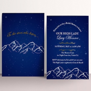 May include: A blue and white bridal shower invitation with a starry night sky background. The invitation reads "Please join us for a Bridal Shower to honor Our High Lady Lucy Monroe" with the date and time of the event, the location, and RSVP information.