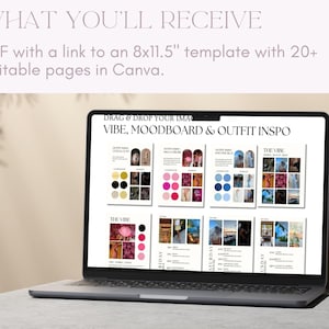 May include: A laptop screen displaying a digital template for creating a mood board. The template includes sections for "vibe", "moodboard", and "outfit inspo". The template is designed to be used with images and text.