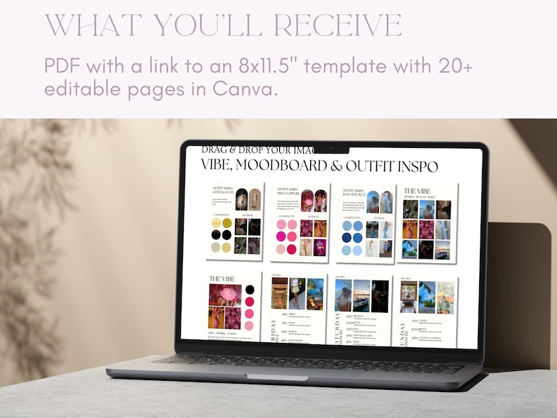 May include: A laptop screen displaying a digital template for creating a mood board. The template includes sections for "vibe", "moodboard", and "outfit inspo". The template is designed to be used with images and text.