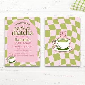 Sie fand ihre perfekte Matcha Brautparty Einladung Vorlage, Matcha Brautparty bearbeitbare Canva Vorlage, Erdbeer Matcha Einladung