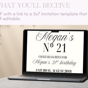 May include: A laptop displays a digital invitation for "Megan's 21st birthday." The invitation text is in black script and includes the date, "Saturday, August 20th." The laptop is on a light-colored surface, with a neutral background.
