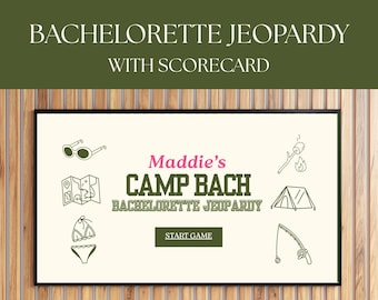 Camp Bach Jeopardy Game Template, Camp Bachelorette Jeopardy Trivia Game Editable Canva, Green Camping Bachelorette Trivia Game
