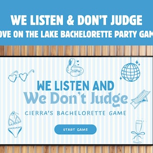 May include: A framed game board with the text "WE LISTEN & DON'T JUDGE LOVE ON THE LAKE BACHELORETTE PARTY GAME." The board features illustrations of sunglasses, a swan float, a disco ball, a beach chair, a bikini, and a champagne glass. The game is titled "CIERRA'S BACHELORETTE GAME."