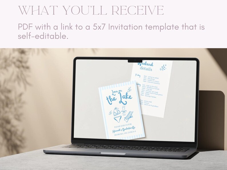 May include: A laptop screen displaying a digital mockup of a 5x7 invitation template. The invitation is for a lake-themed event and features the text "Love on the Lake" with a blue and white striped background. The invitation also includes a small illustration of a swimsuit, a cocktail, and a sun lounger.