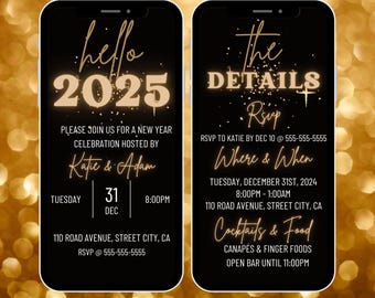Può includere: Due smartphone che mostrano un invito di Capodanno. Il primo telefono mostra "hello 2025" con i dettagli dell'evento. Il secondo mostra le informazioni RSVP, la posizione e i dettagli su cocktail e cibo.