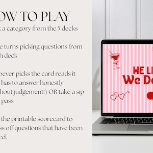 Op de afbeelding: Een laptop toont een spelinterface met een roze en witte gestreepte achtergrond. De tekst "WE LISTEN & We Don't J" is rood, met pictogrammen van een cocktail, hoge hakken en hartvormige zonnebrillen. Een "START GAME"-knop is ook zichtbaar.