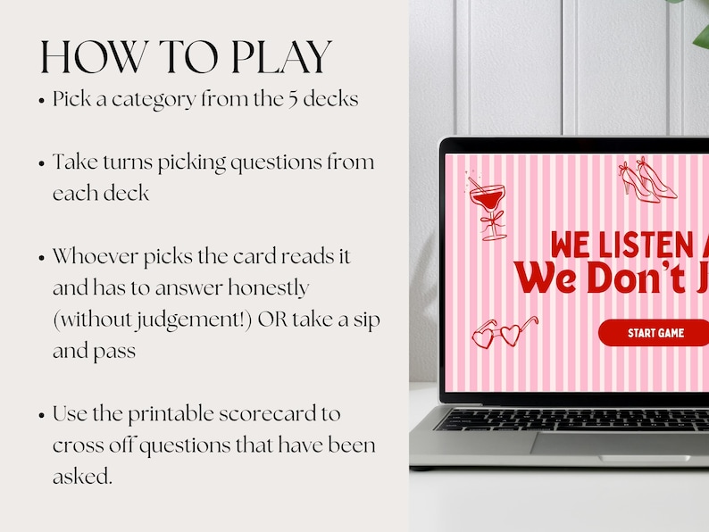 Op de afbeelding: Een laptop toont een spelinterface met een roze en witte gestreepte achtergrond. De tekst "WE LISTEN & We Don't J" is rood, met pictogrammen van een cocktail, hoge hakken en hartvormige zonnebrillen. Een "START GAME"-knop is ook zichtbaar.