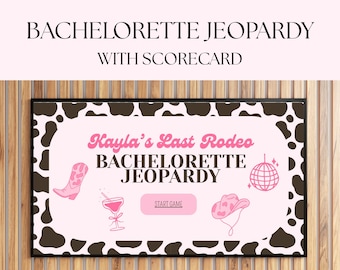 Last Rodeo Bachelorette Jeopardy Game Template, Cow Print Pink Rodeo Bachelorette Jeopardy Trivia Game Editable Canva, Last Rodeo Trivia