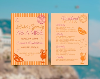Last Spritz As a Miss Bachelorette Invitation, Orange Pink Bachelorette Invite Editable, Spritz Invitation, Orange Bachelorette Invite