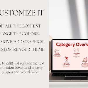Op de afbeelding: Een laptop toont een rood en wit "Category Overview" scherm met iconen en tekst. Het scherm toont opties zoals "Dating Delusions" en "Little White Lies". De tekst "Customize It" en bewerkingsinstructies zijn ook zichtbaar.