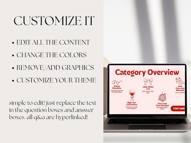 Op de afbeelding: Een laptop toont een rood en wit "Category Overview" scherm met iconen en tekst. Het scherm toont opties zoals "Dating Delusions" en "Little White Lies". De tekst "Customize It" en bewerkingsinstructies zijn ook zichtbaar.