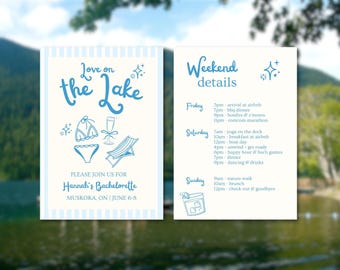 Invitación de despedida de soltera Love on the Lake, invitación editable de despedida de soltera en el lago, invitación azul de Camp Bach, invitación azul de despedida de soltera en el lago