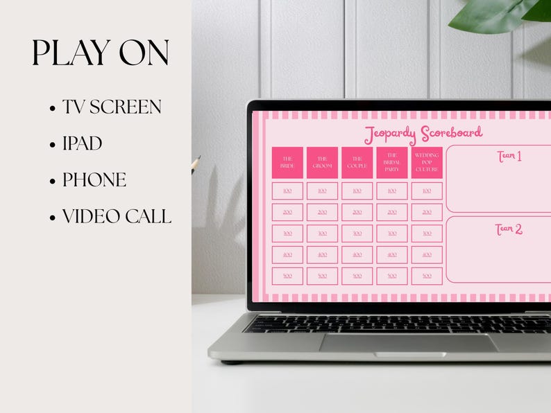 May include: A pink and white Jeopardy Scoreboard template displayed on a laptop computer screen. The scoreboard has two columns for teams, with spaces for points. The text "Jeopardy Scoreboard" is at the top of the screen.