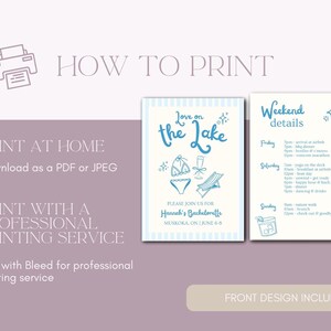 May include: A printable invitation for a hen party with a blue and white striped background. The text reads "Love on the Lake" and "Hannah's Bachelorette". The invitation also includes a weekend details section with a list of activities.