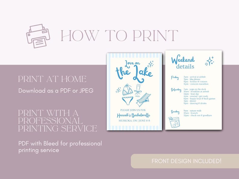 May include: A printable invitation for a hen party with a blue and white striped background. The text reads "Love on the Lake" and "Hannah's Bachelorette". The invitation also includes a weekend details section with a list of activities.