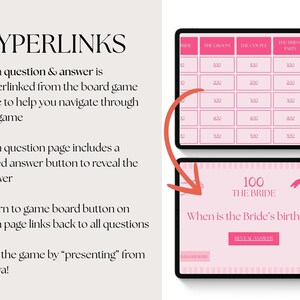 May include: A pink and white digital game board with a pink arrow pointing to a pink and white digital card with the text "100 The Bride" and the question "When is the Bride's birthday?" with a button that says "Reveal Answer".