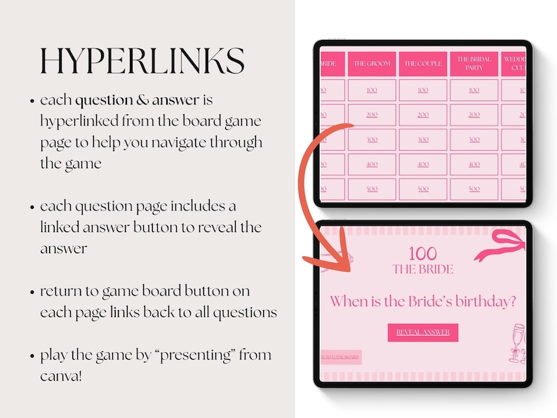 May include: A pink and white digital game board with a pink arrow pointing to a pink and white digital card with the text "100 The Bride" and the question "When is the Bride's birthday?" with a button that says "Reveal Answer".