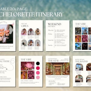May include: A bachelorette party itinerary with a pink and white color scheme. The itinerary includes details about the weekend, the hotel, and the activities. The text includes the names of the bride and her bridesmaids, the dates of the trip, and the location of the hotel.