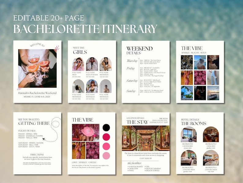 May include: A bachelorette party itinerary with a pink and white color scheme. The itinerary includes details about the weekend, the hotel, and the activities. The text includes the names of the bride and her bridesmaids, the dates of the trip, and the location of the hotel.