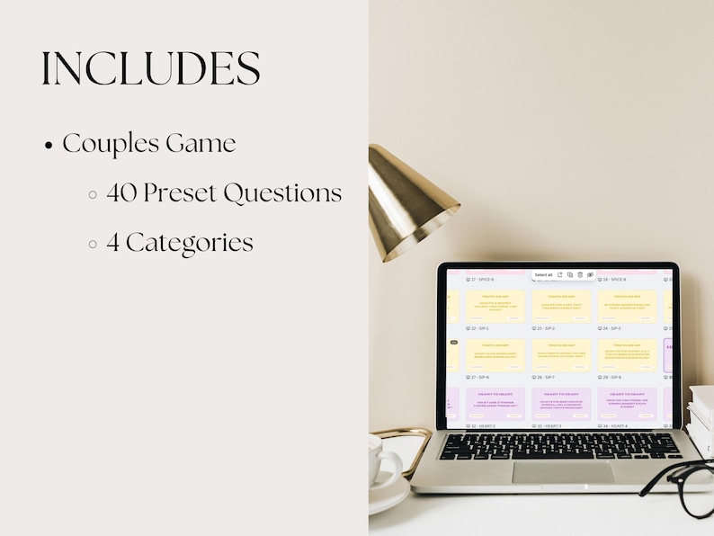May include: A laptop displays a couples game with 40 preset questions and 4 categories. The screen shows a grid of cards with text. The word "INCLUDES" is at the top left, followed by bullet points listing the game's features. A gold lamp and a coffee cup are also visible.