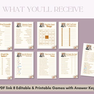 Pu&ograve; includere: Una raccolta di otto giochi di nozze stampabili, tra cui Word Scramble, Literary Loves e Find the Guest Bingo. Ogni gioco presenta un design floreale e di libro, con una chiave di risposta. Il testo "WHAT YOU'LL RECEIVE" &egrave; in alto.