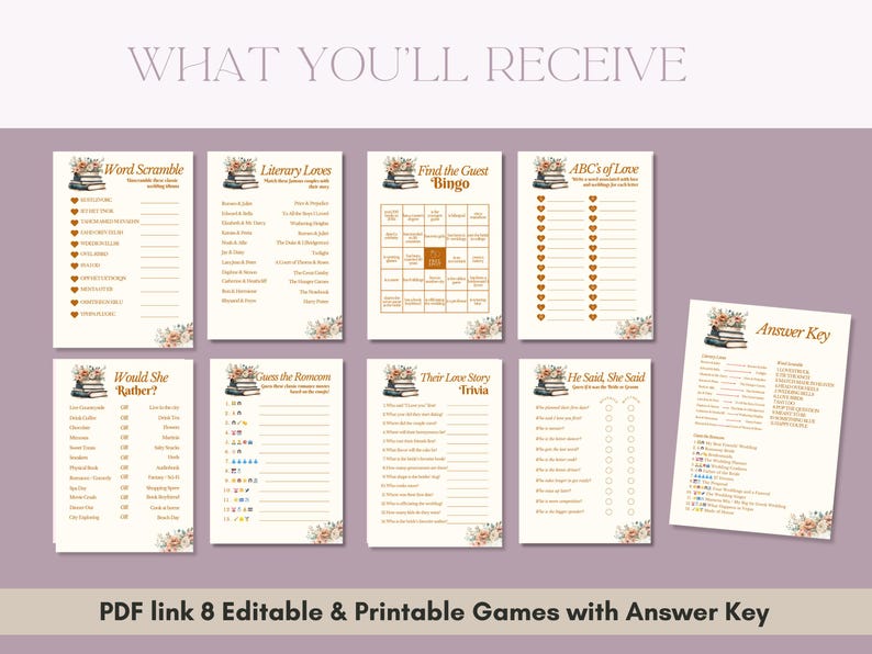 Pu&ograve; includere: Una raccolta di otto giochi di nozze stampabili, tra cui Word Scramble, Literary Loves e Find the Guest Bingo. Ogni gioco presenta un design floreale e di libro, con una chiave di risposta. Il testo "WHAT YOU'LL RECEIVE" &egrave; in alto.