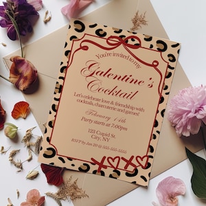 Galentines Day Invitation Cheetah Print Red, Cheetah Print Invite, Girls Night Invitation Red Bows, party animal red print birthday invite
